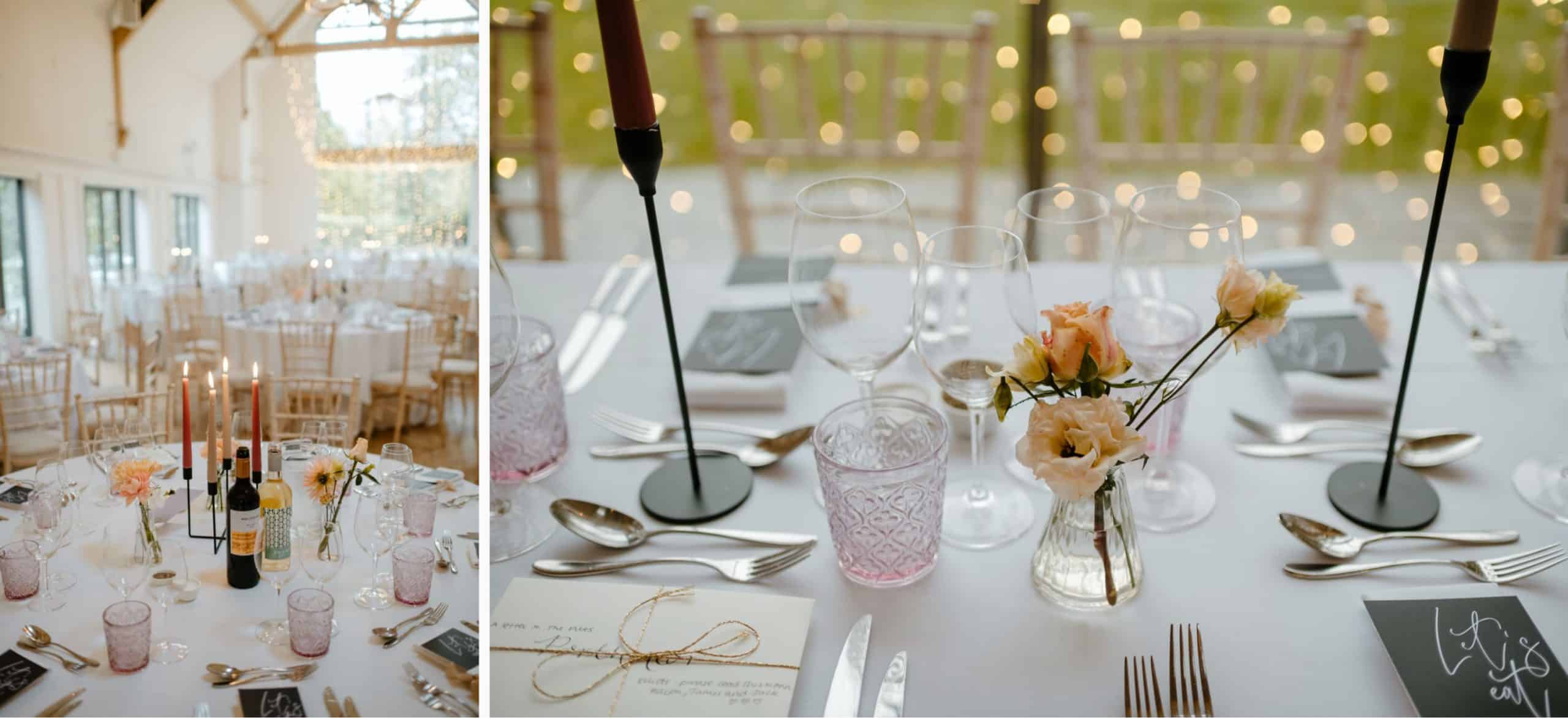 Stylish table decorations for a winter wedding at Millbridge Court